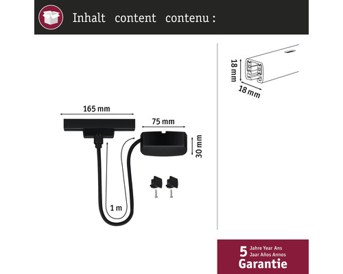 Produktinnehåll med måttangivelser och fem års garanti