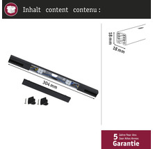 Invändig vy av en 304 millimeter lång ledlampa med tillbehör och mått, inklusive 5 års garanti