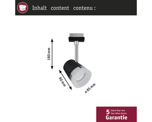 Mått på en skenspotlight: 180 mm höjd, 90 mm djup, 85 mm diameter