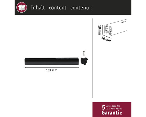 Paketets innehåll: En 161 millimeter lång styrskena, en skruv och en ändstycke som mäter 18 gånger 18 millimeter. Fem års garanti.