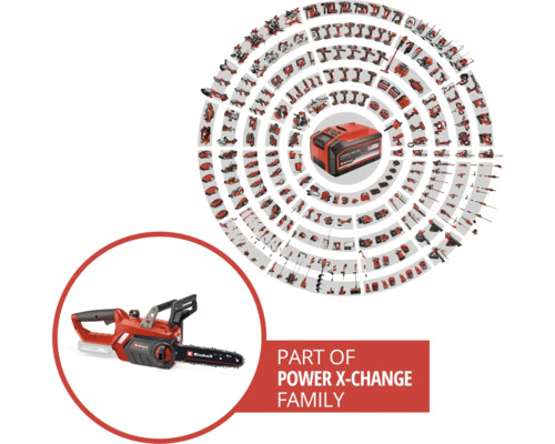 Einhell Power X-Change batterifamilj med motorsåg och batteri