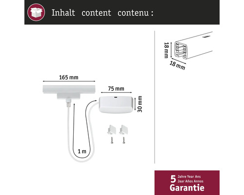 Paketets innehåll: jalusimotor med tillbehör och måttangivelser