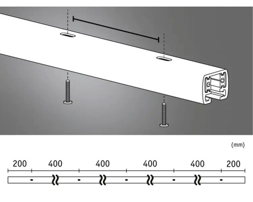 Illustration av en fästskena med skruvar och måttangivelser i millimeter