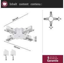 Bild av en skenanslutning med måtten 104 mm x 104 mm x 18 mm, inklusive två fästen och fem års garanti