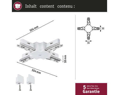 Bild av en skenanslutning med måtten 104 mm x 104 mm x 18 mm, inklusive två fästen och fem års garanti