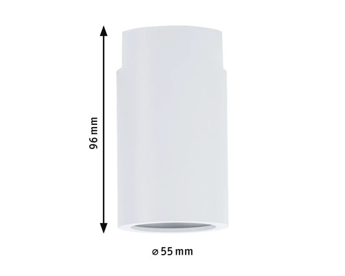 Mått på en vit taklampa: 96 mm hög, 55 mm diameter.