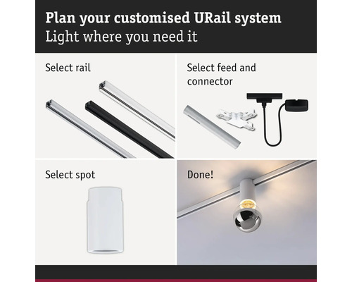 Planera ditt anpassade URail-system: Ljus där du behöver det. Välj skena, matning, anslutning och spotlight.