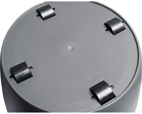 Undersida av en blomkruka med hjul och Elho logotyp