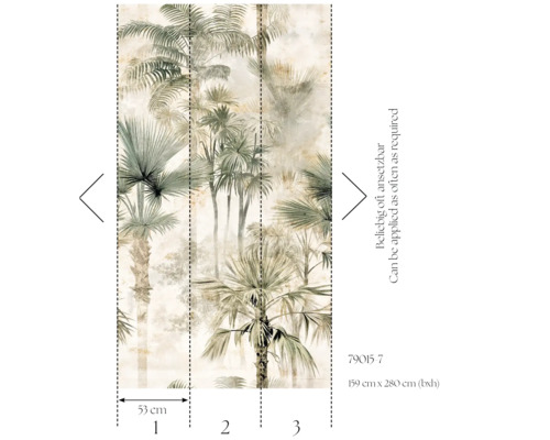 Väggmålning med palmmotiv, mått 159 cm x 280 cm, kan appliceras så ofta som behövs