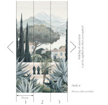 Tapet med landskapsmotiv, hus och vegetation