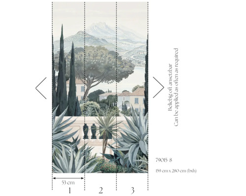 Tapet med landskapsmotiv, hus och vegetation