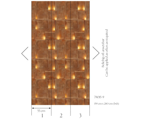 Tapet med 3D-kakeldesign och belysningseffekt, mönsterpassning 53 cm, storlek 159 cm x 280 cm
