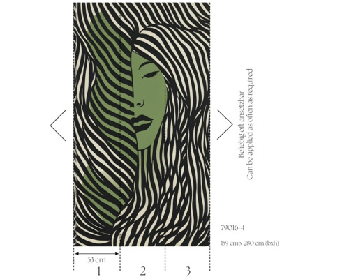 Fototapet med grafisk design som visar ett kvinnoansikte och vågiga linjer. Mått: 159 cm x 280 cm.