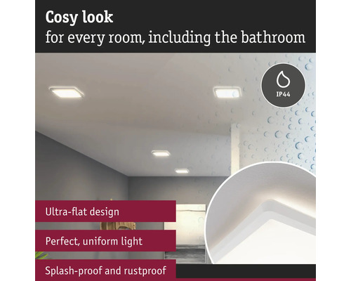 Rumsöversikt med platta taklampor, lämpliga för våtutrymmen