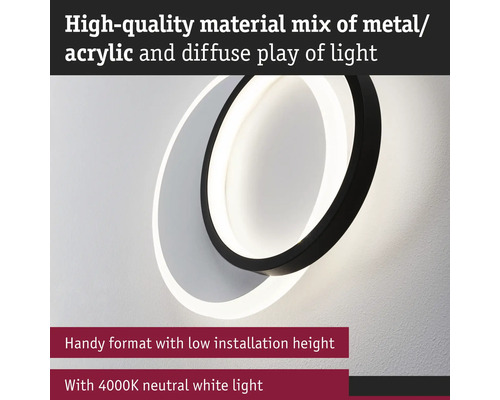 Cirkelformad vägglampa i metall och akryl med neutralvitt ljus