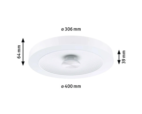 Taklampa med måtten 306 mm diameter inuti, 400 mm diameter utvändigt, 64 mm höjd och 39 mm djup.