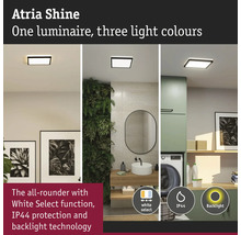 Atria Shine taklampa i olika bostadsrum med indikationer för val av vit nyans, IP44 skydd och bakgrundsbelysning