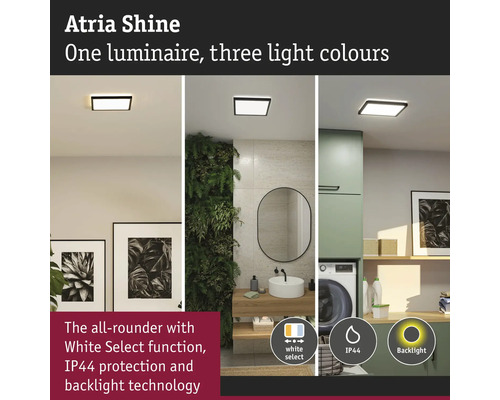 Atria Shine taklampa i olika bostadsrum med indikationer för val av vit nyans, IP44 skydd och bakgrundsbelysning