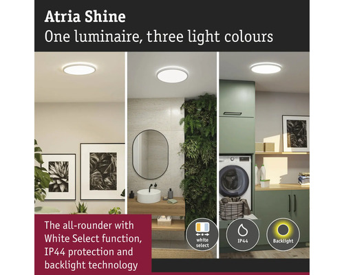 Atria Shine taklampa visad i olika interiörer, med indikationer för White Select funktion, IP44 skydd och bakgrundsbelysningsteknik