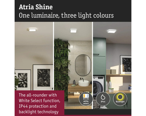 Atria Shine taklampa i olika interiörer med White Select-funktion, IP44-skydd och bakgrundsbelysning