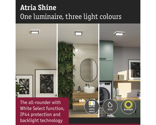 Atria Shine taklampa med tre ljusfärger i olika bostadsutrymmen.