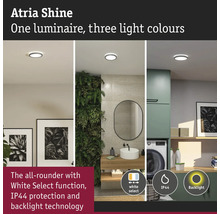 Atria Shine taklampa med tre ljusfärger i olika bostadsutrymmen.