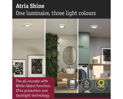 Atria Shine taklampa med tre ljusfärger i olika bostadsutrymmen.