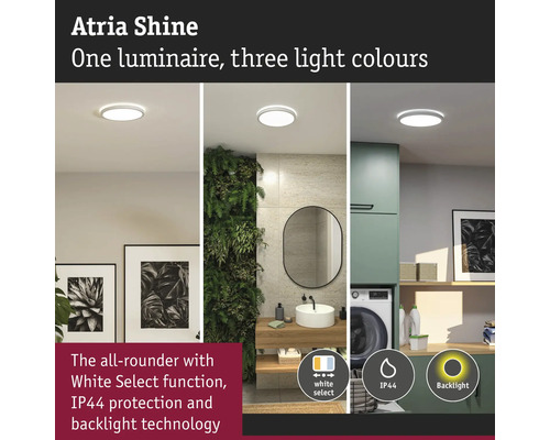 Atria Shine taklampa i olika bostadsutrymmen med olika ljusfärger