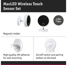 MaxLED trådlöst trycksensor set med magnetisk hållare, 3M självhäftande fäste och på- och avstängningsknapp på baksidan.
