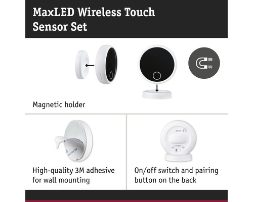 MaxLED trådlöst trycksensor set med magnetisk hållare, 3M självhäftande fäste och på- och avstängningsknapp på baksidan.