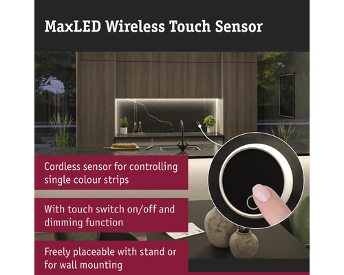 MaxLED trådlös touchsensor i ett modernt kök med touchkontroll för LED-strips