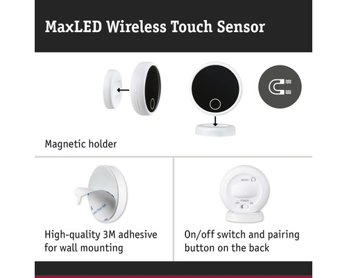 MaxLED trådlös beröringssensor med magnetisk hållare, 3M-lim för väggmontering och på/av-brytare