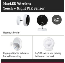 MaxLED trådlös touch + natt PIR-sensor med magnetisk hållare, 3M tejp för väggmontering och strömbrytare på baksidan