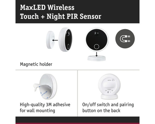 MaxLED trådlös touch + natt PIR-sensor med magnetisk hållare, 3M tejp för väggmontering och strömbrytare på baksidan