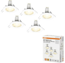 Fem LED-infällda spotlights och en förpackning med Osram Spot Essential Set