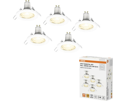 Fem LED-infällda spotlights och en förpackning med Osram Spot Essential Set