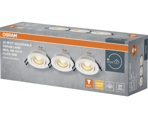 Förpackning med tre justerbara Osram-spotlights för inomhusbruk inklusive sex watts GU10-lampor