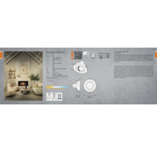 Bild av en LED-lampa med tekniska detaljer och exempel på ett vardagsrum
