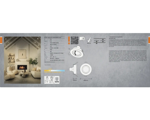 Bild av en LED-lampa med tekniska detaljer och exempel på ett vardagsrum