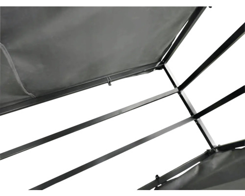 Detaljvy av en paviljong med metallram och tygtak