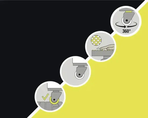 Symboler som illustrerar 360 graders rotation, ytstruktur och korrekt montering av hjulen.