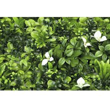 Konstgjord häck med gröna blad och vita blommor