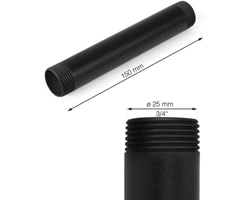 Svart rörnippel med måtten 150 mm längd och 25 mm diameter