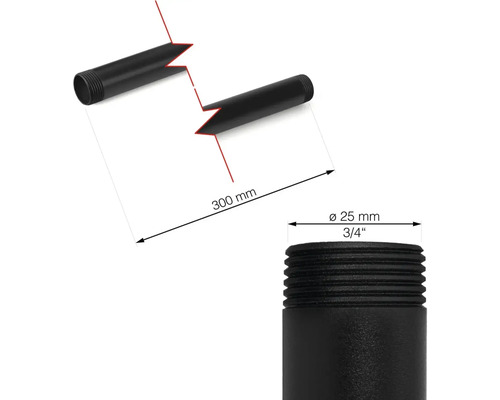 Svart gängad rör med en längd på 300 millimeter och en diameter på 25 millimeter