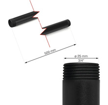 Bild på ett svart gängrör med måtten 500 mm långt och 25 mm i diameter