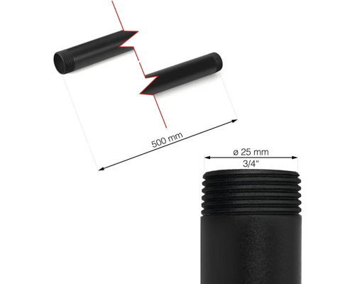 Bild på ett svart gängrör med måtten 500 mm långt och 25 mm i diameter