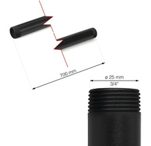 Bild av ett gängat rör som är 700 millimeter långt med en diameter på 25 millimeter