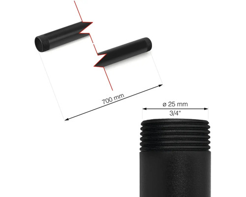 Bild av ett gängat rör som är 700 millimeter långt med en diameter på 25 millimeter