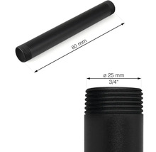 Bild av ett svart gängat rör med måtten 80 mm längd och 25 mm diameter.