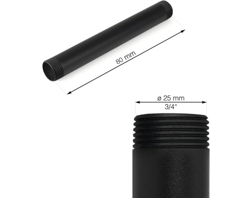 Bild av ett svart gängat rör med måtten 80 mm längd och 25 mm diameter.